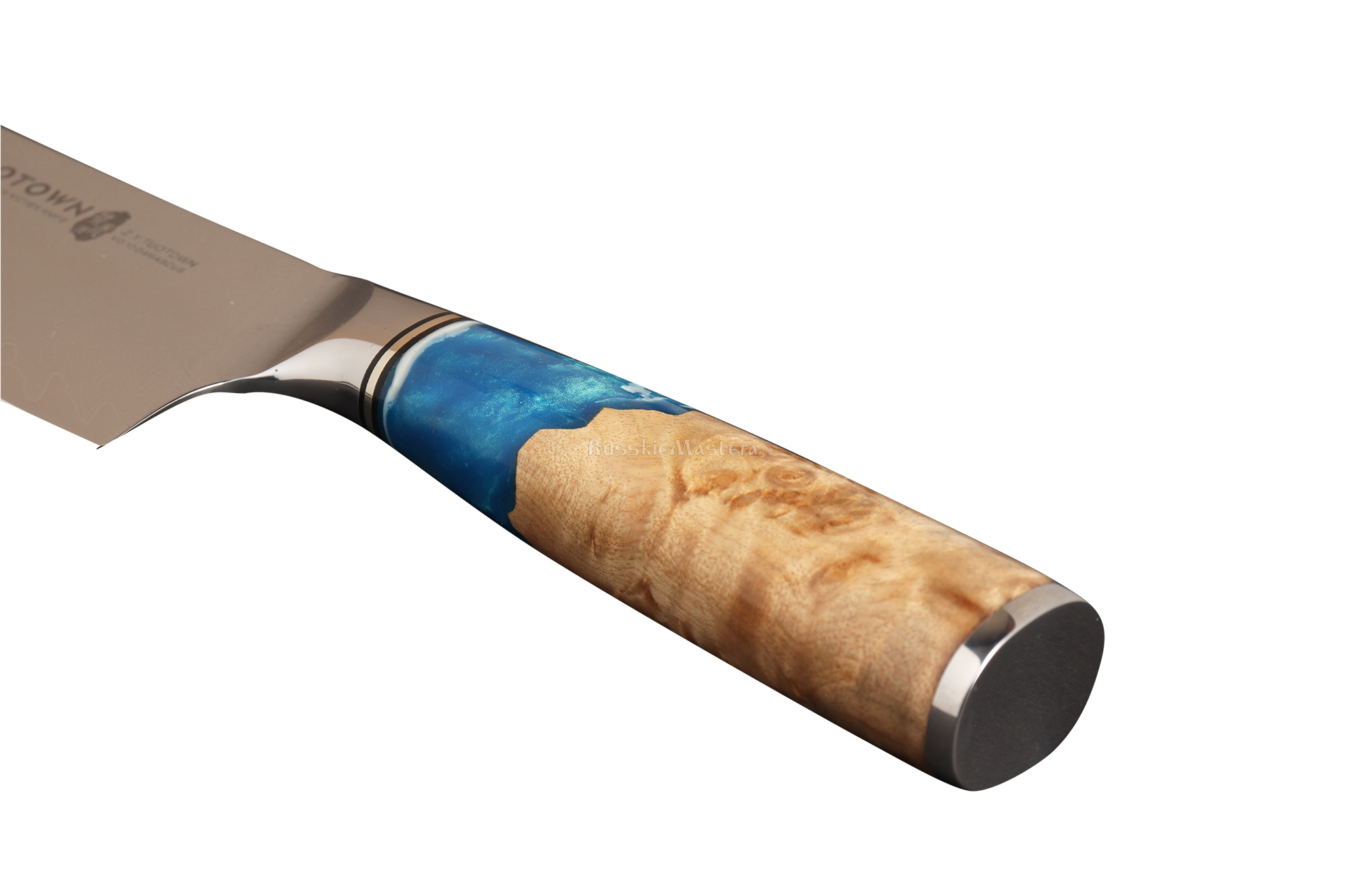Рукоять из акрилового камня и стабилизированной древесины с больстером и навершием из нержавейки. Серия кухонных ножей TWB-D компании TUOTOWN.