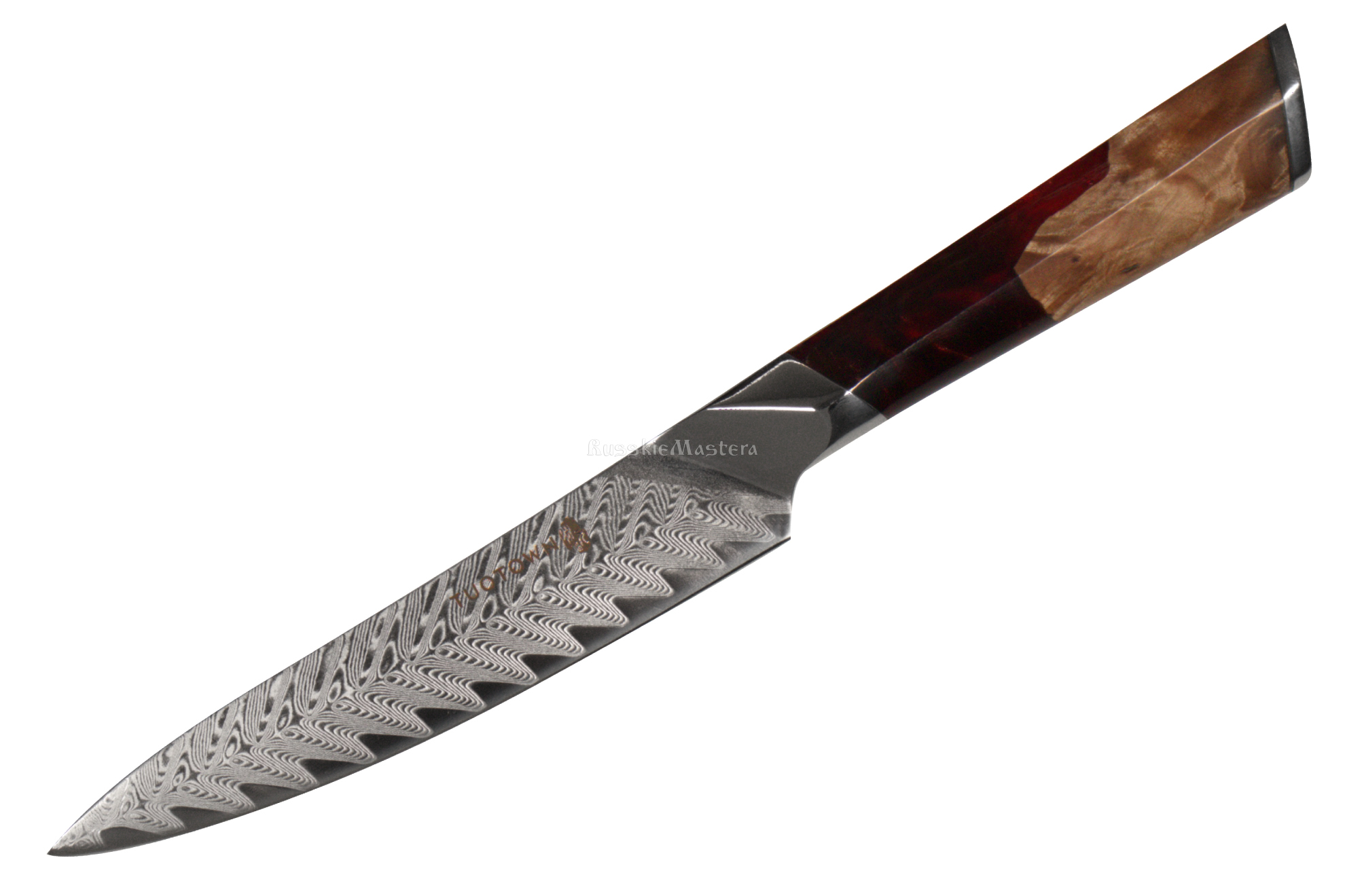 Универсальный кухонный нож U125 D3 TUOTOWN (TWRY-D3), VG10 дамаск, рукоять тёмно-красный акрил + древесина, 12,5 см.
